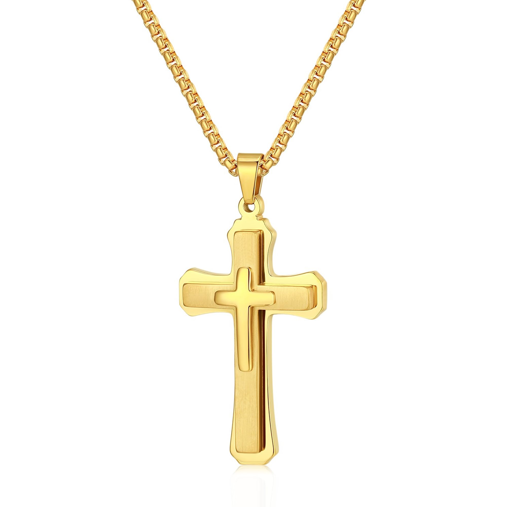 Estendly Cross Necklace for Men Gold Stainless Steel Mens Cross Chain Cubic Zirconia Cross Pendant Necklaces Christain Jewelry Gift Box Chain 24 Inch