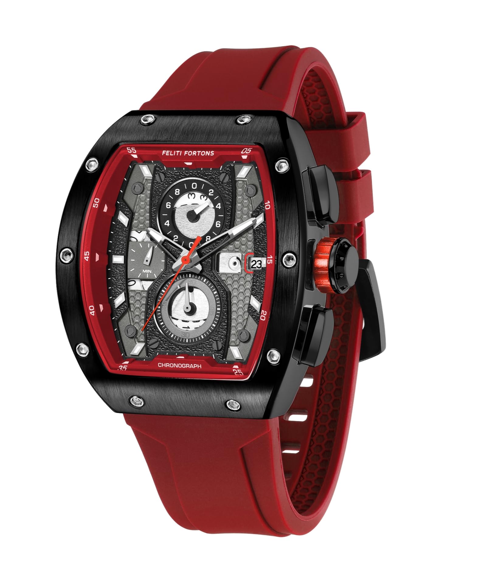 FELITI FORTONS Mens Watches Sport Tonneau 3ATM Waterproof Chronograph Luminous Quartz Watches of Men Silicone Strap with Gift for Men
