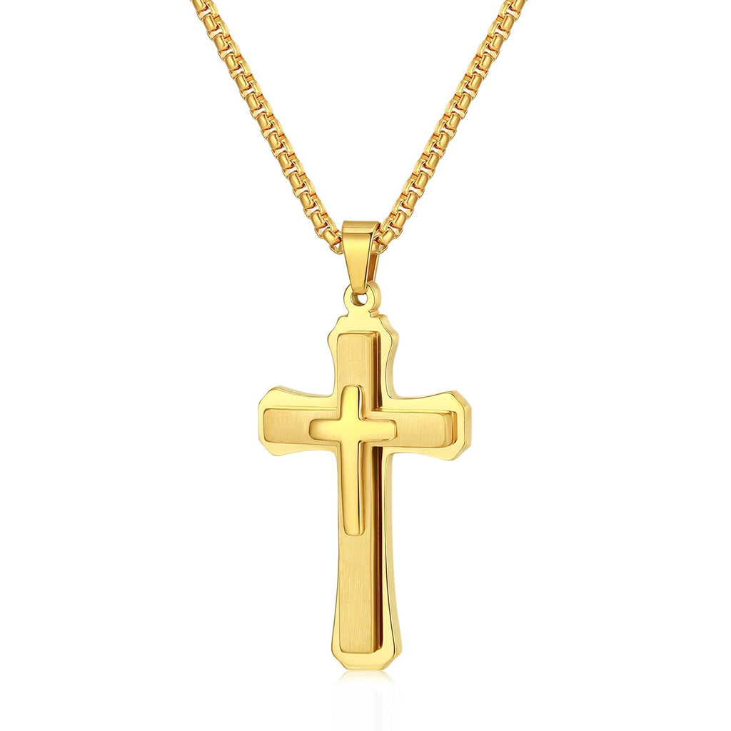 Estendly Cross Necklace for Men Gold Stainless Steel Mens Cross Chain Cubic Zirconia Cross Pendant Necklaces Christain Jewelry Gift Box Chain 24 Inch
